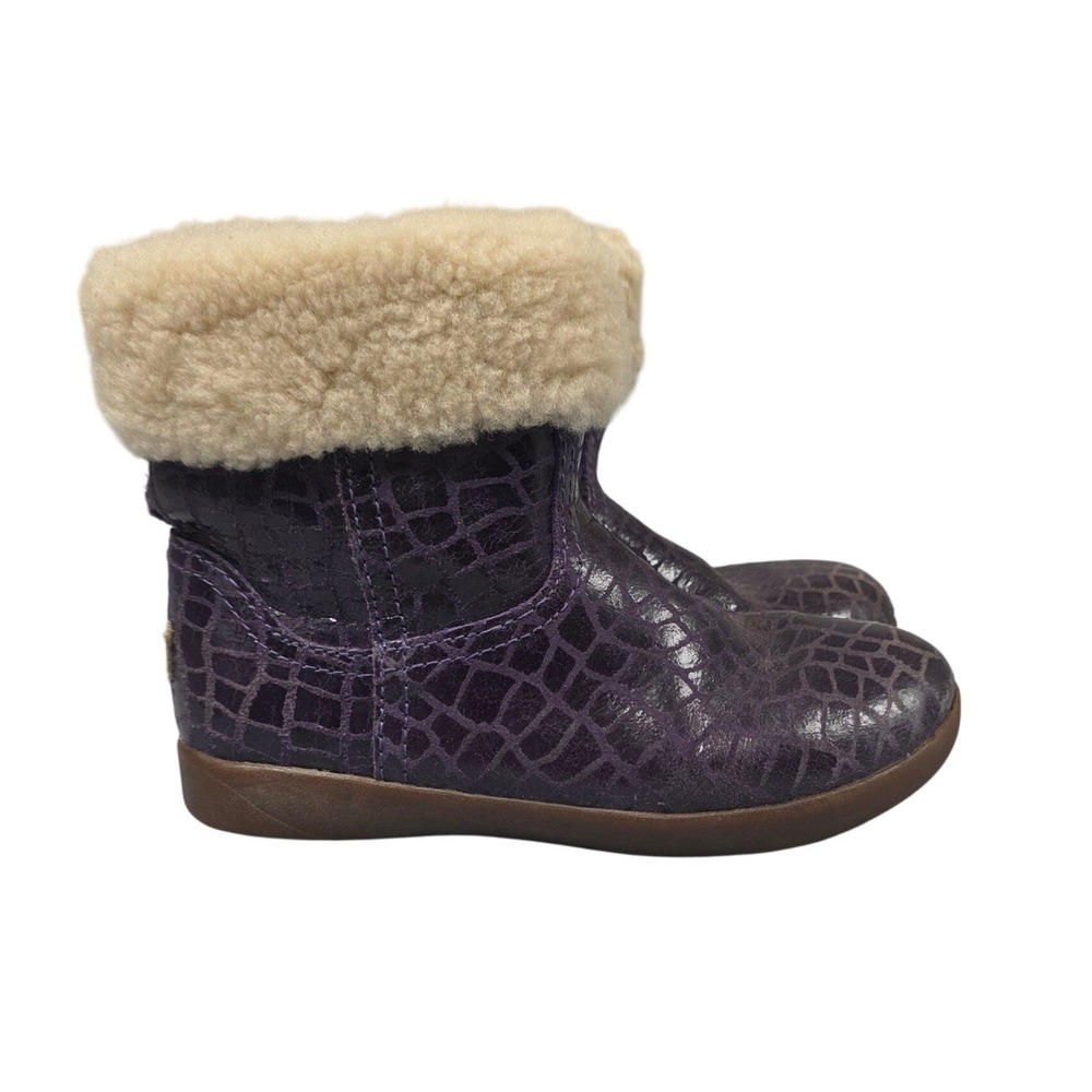 UGG Australia Boots Girl Size 10 Purple Croc Embossed Faux Fur Trim Winter Shoes